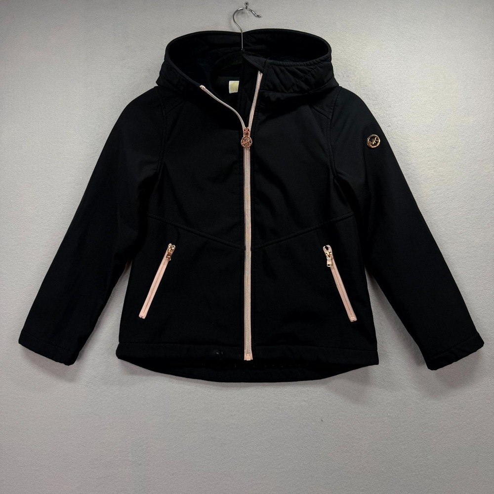 Michael Kors Soft Shell Jacket Girls 7/8 Black Fleece Lined Hooded Gold Full Zip